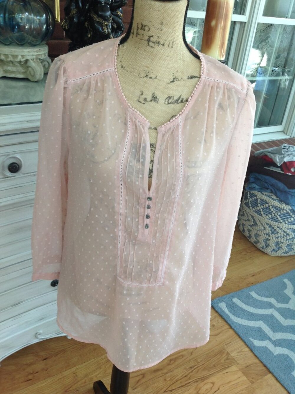 Pink with White Dots Sheer Sz Large Long Sleeve Blouse